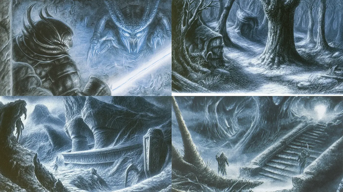 Ethereal Monochrome Dreamscape Portrayals - Midjourney sref style