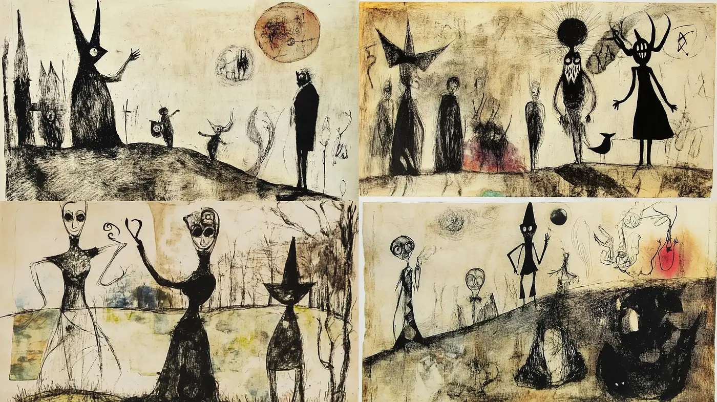 Surreal Figures in Textural Grunge: An Artistic Alchemy of Shadows and Forms - Midjourney sref style