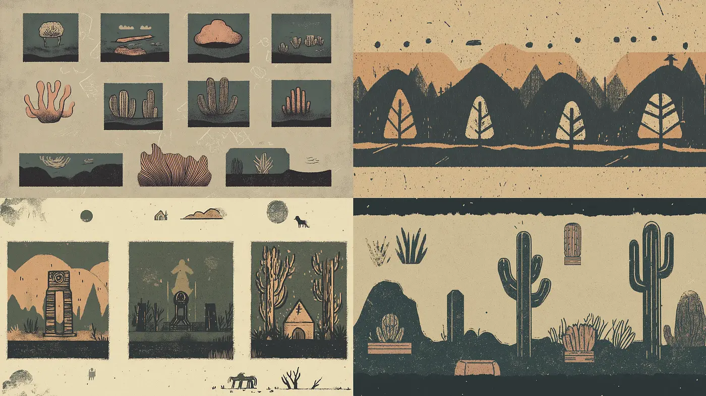 Desert Dusk: A Fusion of Subtle Earth Tones and Nostalgic Illustration - Midjourney sref style