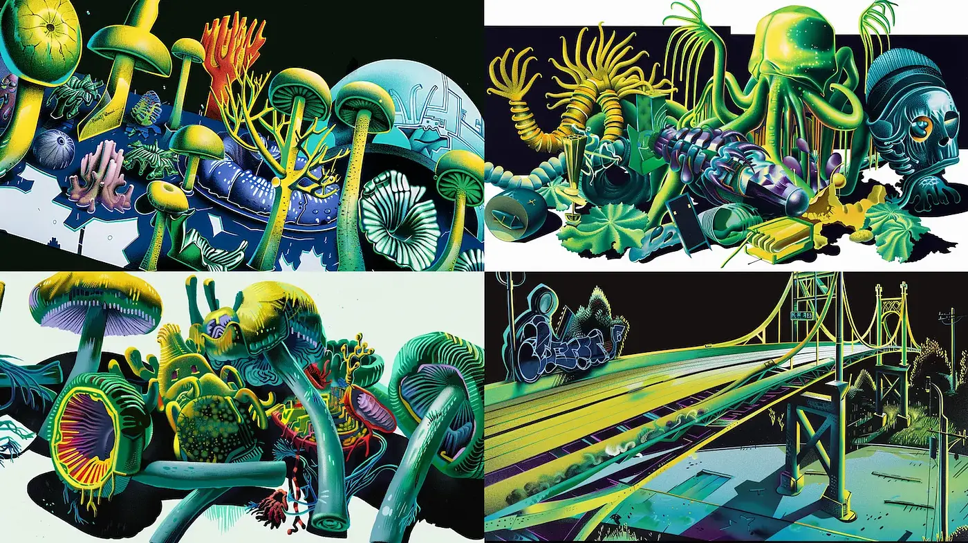 Eclectic surrealism with vibrant organic forms and vivid details - Midjourney sref style