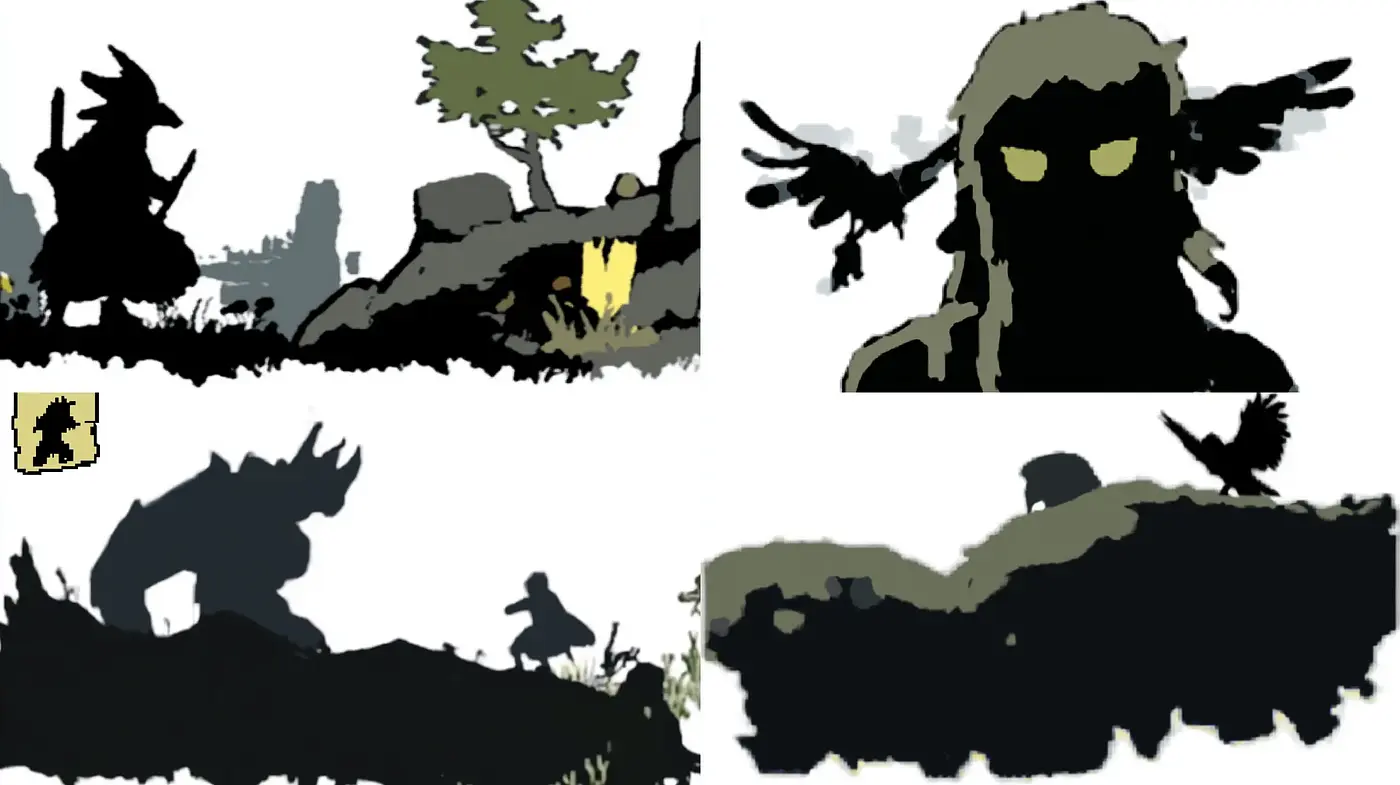 Stylized Silhouette Vignettes with Monochromatic Backdrop - Midjourney sref style
