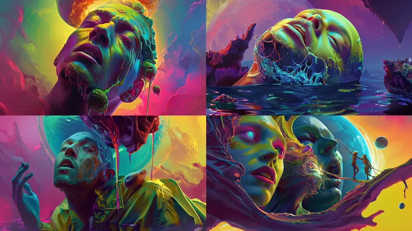 Surreal and vibrant exploration of emotive human expressions amidst cosmic elements - Midjourney sref style