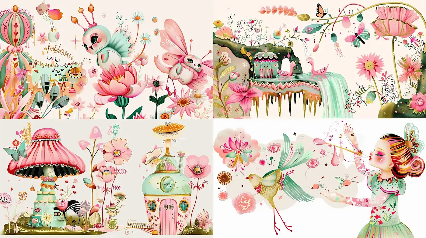 Whimsical Floral Fantasies with Playful Elements and Vivid Colors - Midjourney sref style