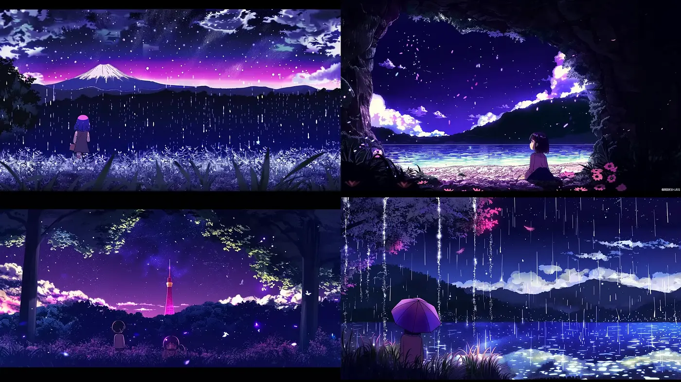 Enigmatic Nocturnes: A Starlit Dreamscape in Purples and Blues - Midjourney sref style