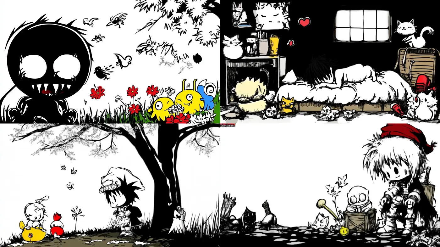 Monochromatic Whimsy with Stark Contrasts and Stylized Cartoon Influences - Midjourney sref style