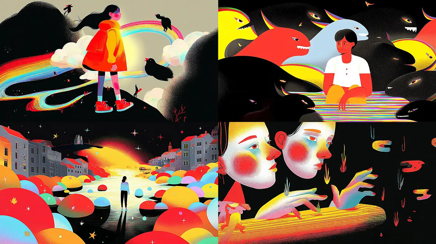 Dynamic and Playful Illustrations with Surreal Elements - Midjourney sref style