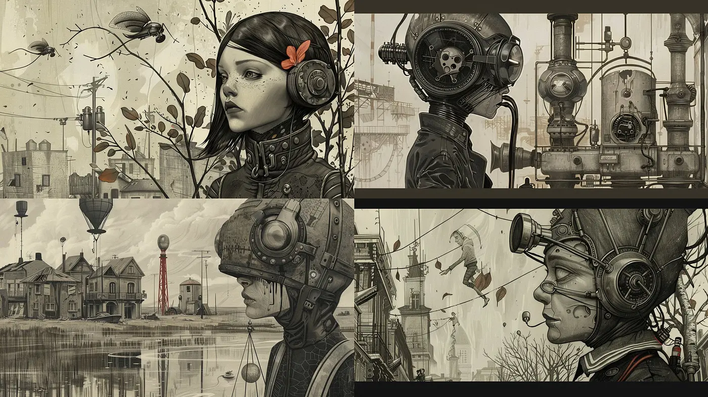 Sepia-Toned Steamworld Visions with Monochromatic Nostalgia - Midjourney sref style