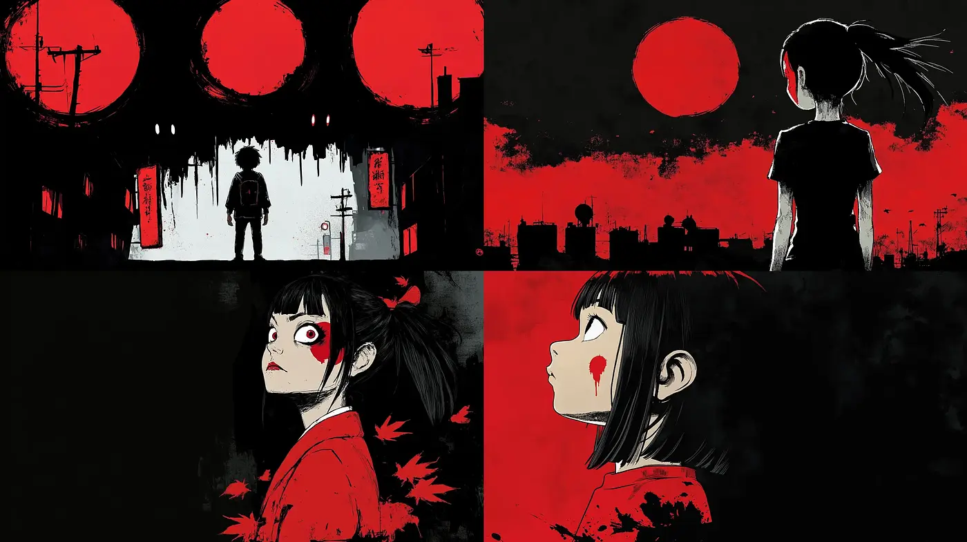 Stark Contrast of Red and Black: A Homage to Bold Minimalism in Modern Graphic Art - Midjourney sref style