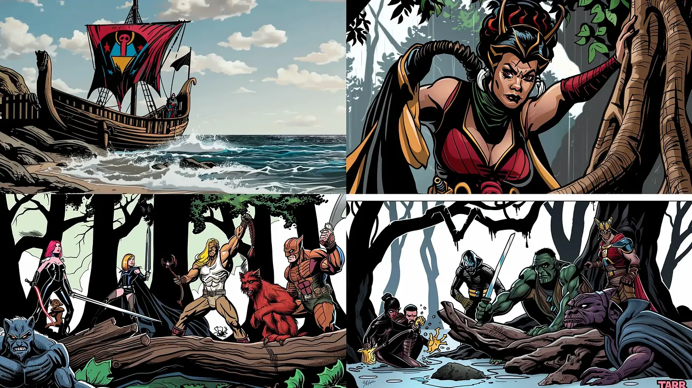 Dynamic Illustrated Adventure: A Homage to Traditional Comic Book Artistry - Midjourney sref style