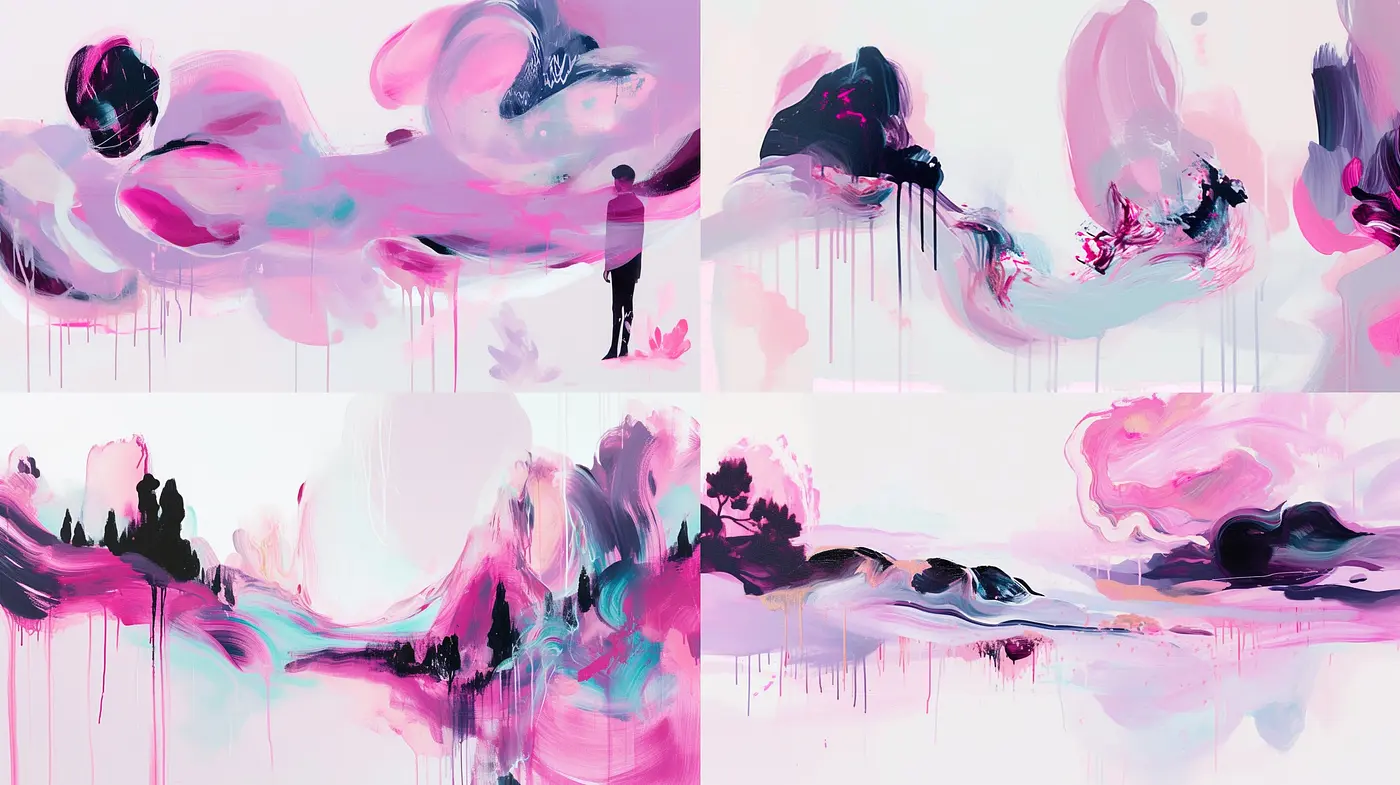Ethereal Drips of Dawn: A Study in Pink and Black Abstract Expressionism - Midjourney sref style