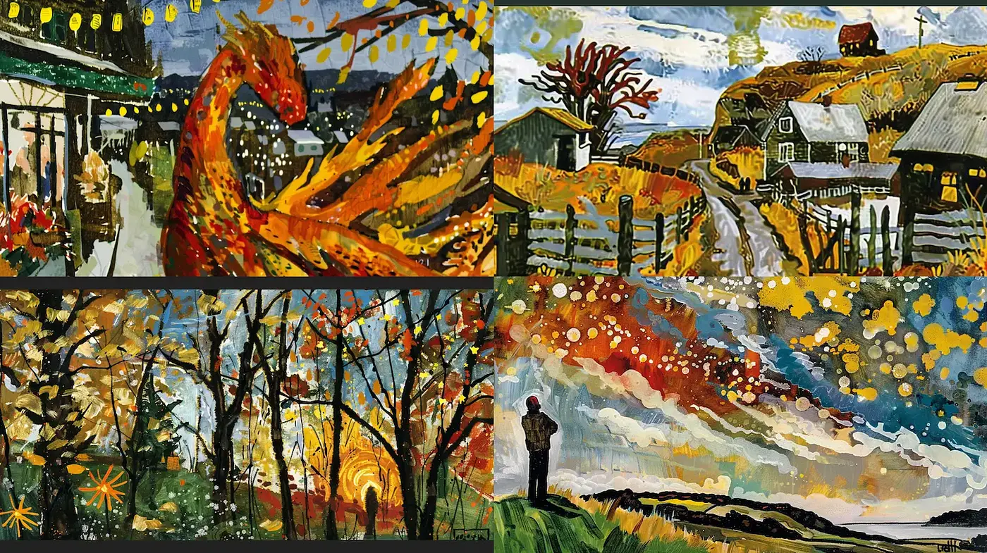 Vibrant and Expressive Colorful Landscapes with Abstract Features - Midjourney sref style