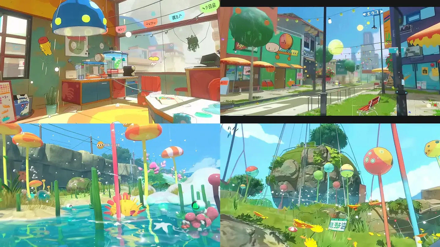 Vibrant and whimsical environments with playful elements - Midjourney sref style