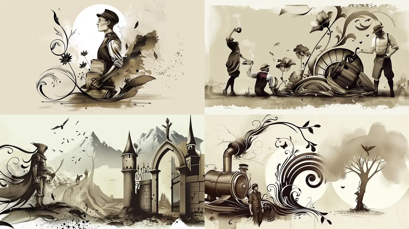 Sepia-Toned Whimsical Illustrations with Organic Flourishes - Midjourney sref style