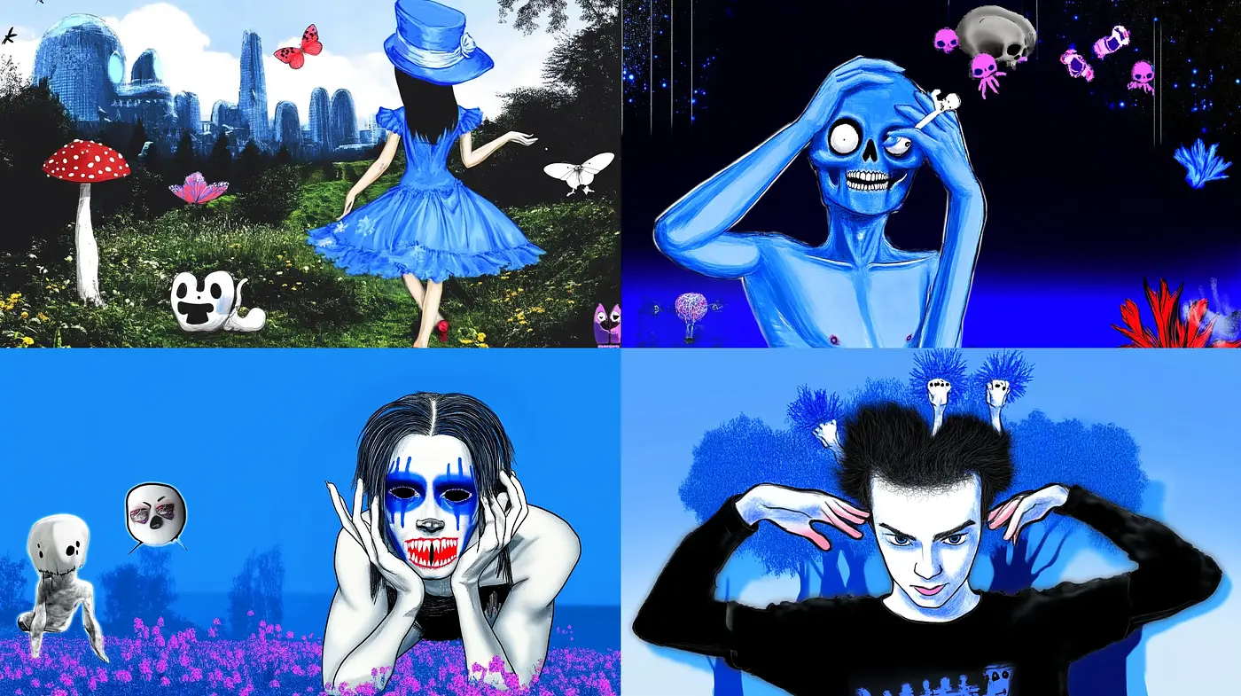 Spectral Dance of Vivid Blues: A Surreal Digital Odyssey - Midjourney sref style