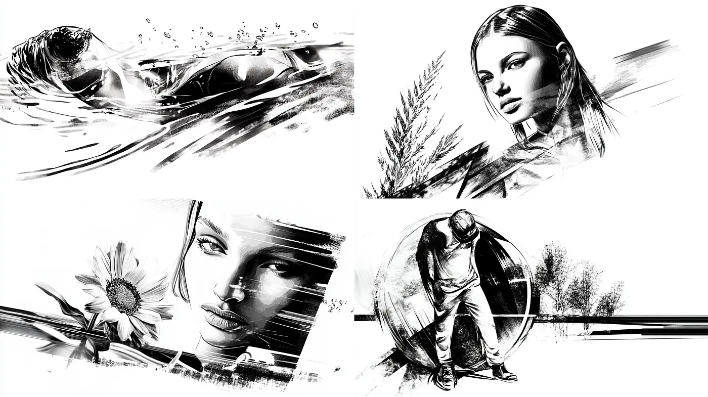 Monochrome Brushstroke Harmony - Midjourney sref style