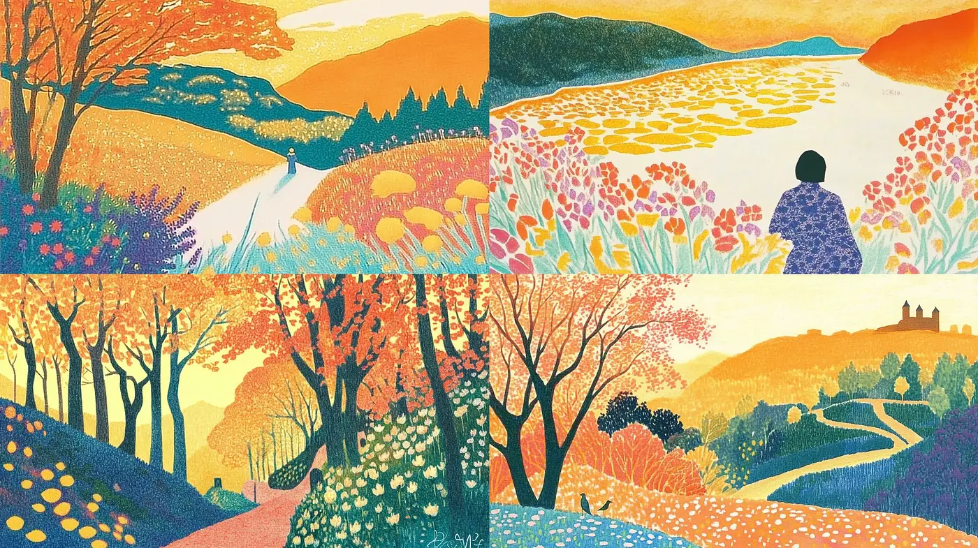 Warm Hues in Stylized Pastoral Landscapes: A Harmonious Blend of Colors - Midjourney sref style