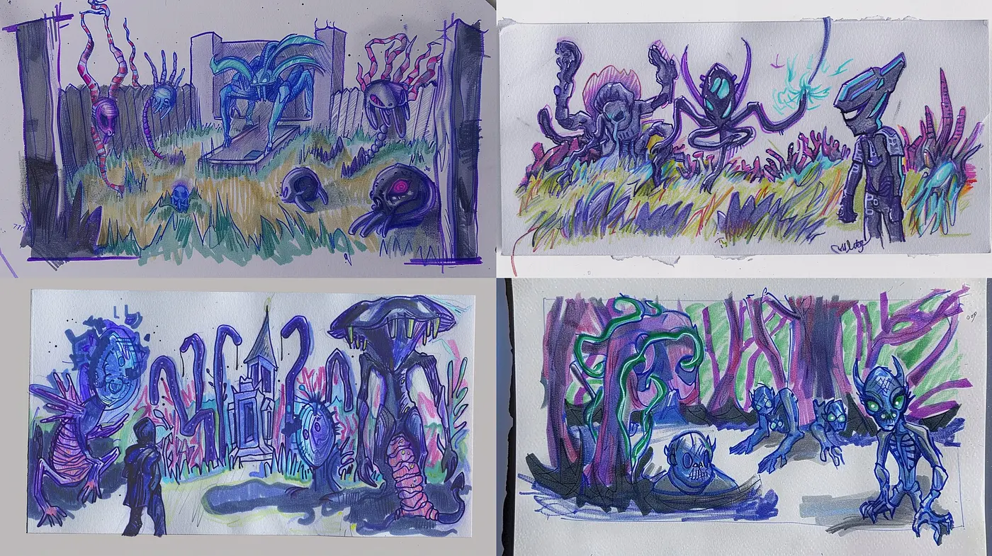 Ethereal Sketchbook Dreamscapes in Vivid Blues and Purples - Midjourney sref style