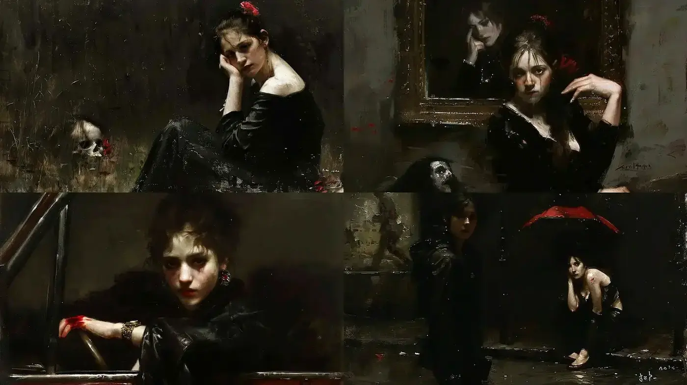Dark Elegance with a Mysterious Undertone and Painterly Quality - Midjourney sref style