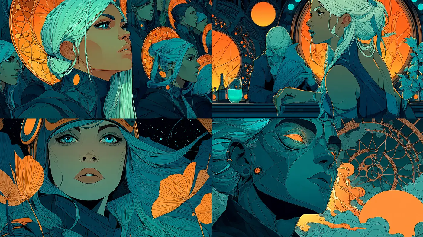 Futuristic comic-style illustrations with vibrant color usage and ethereal themes - Midjourney sref style