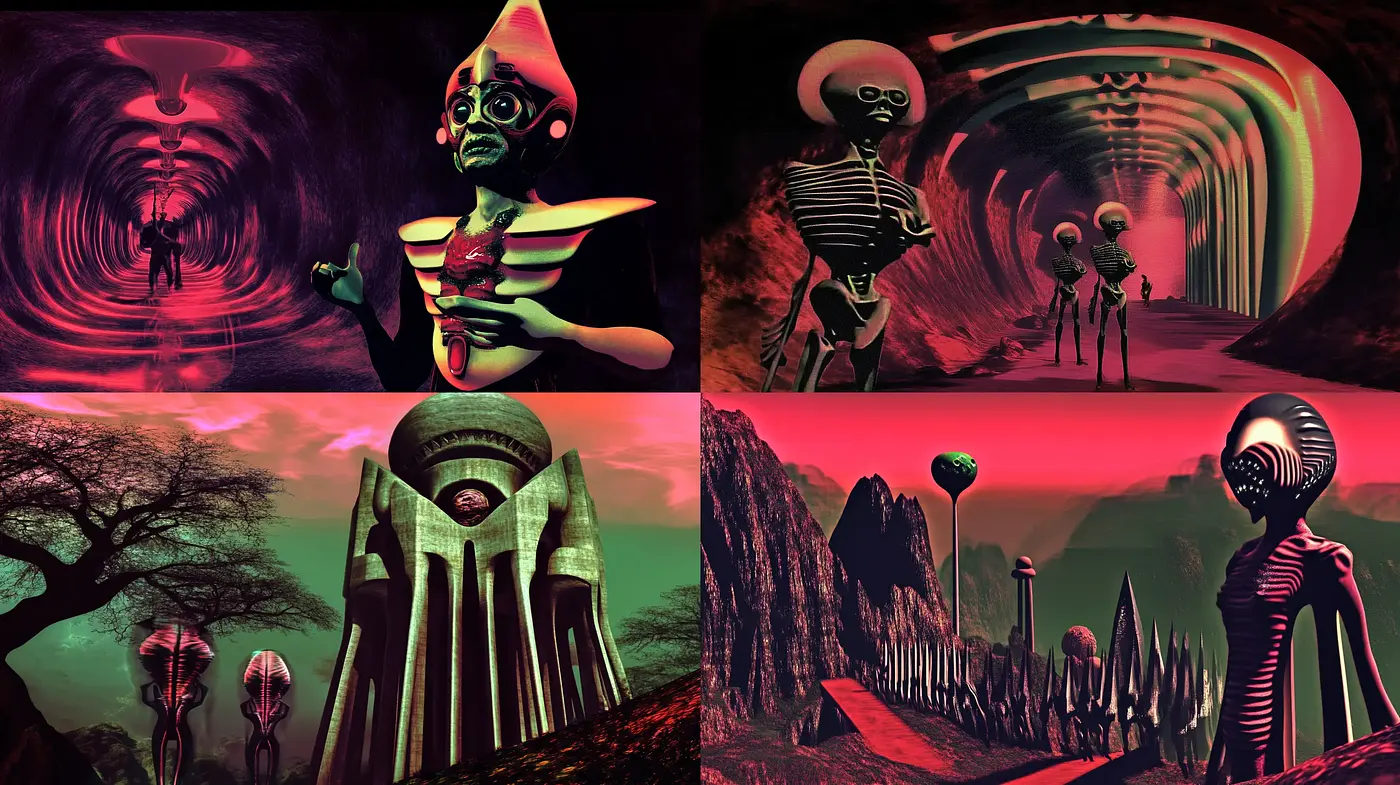 Surreal Dystopian Visions with Luminescent Crimson Overtones - Midjourney sref style