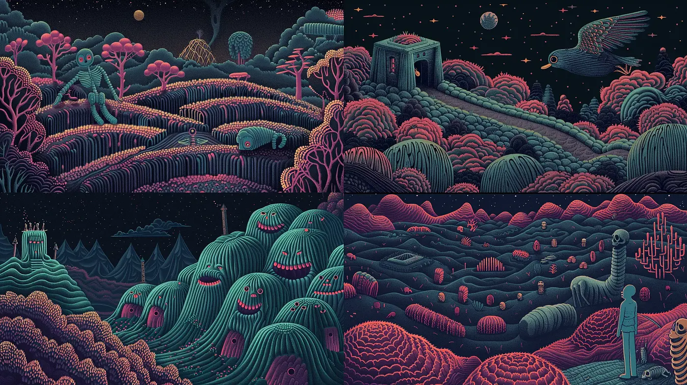 Ethereal Nocturnal Dreamscape with Stylized Organic Forms - Midjourney sref style
