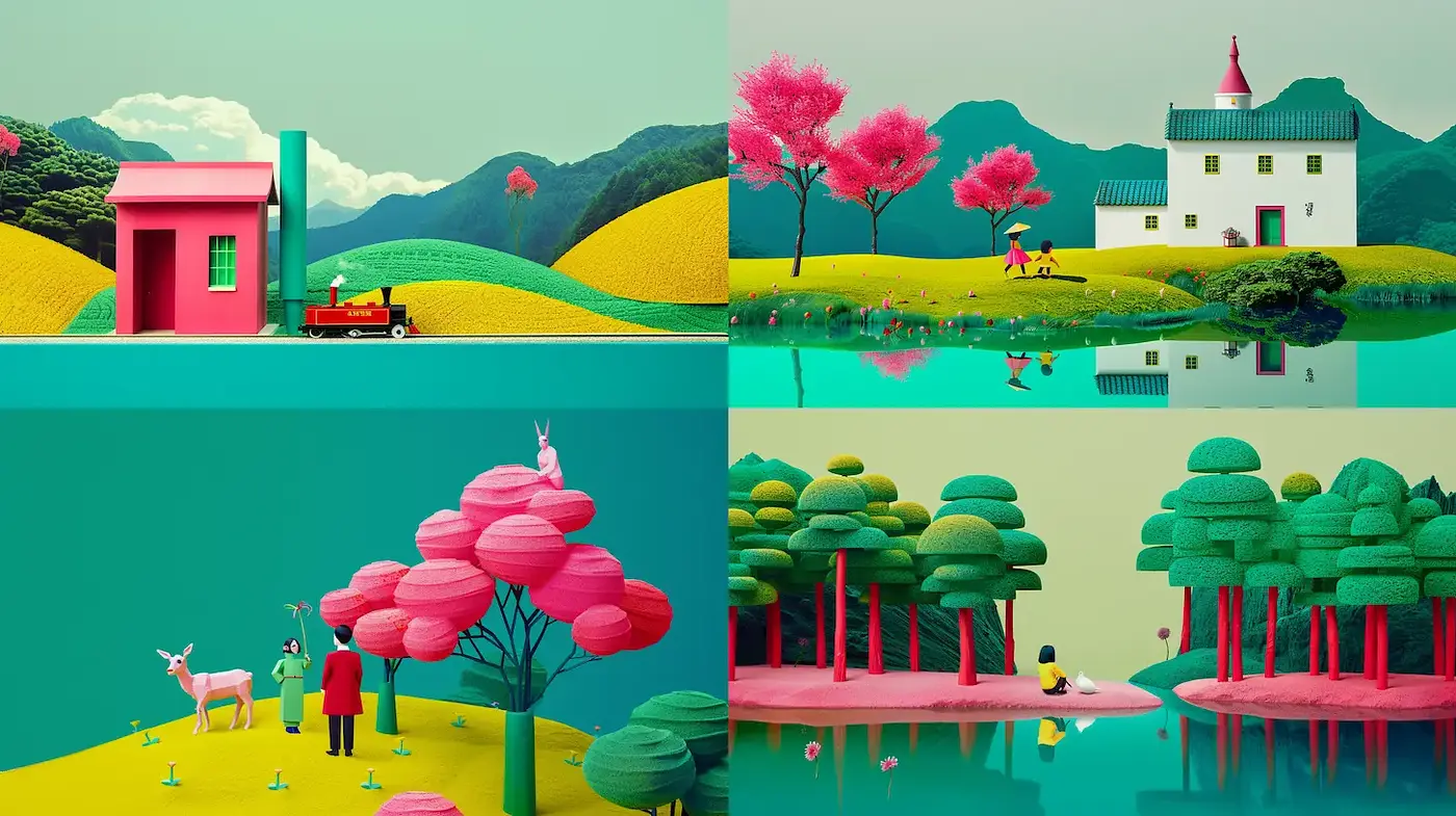 Vibrant and Playful Geometric Landscapes with Whimsical Elements - Midjourney sref style