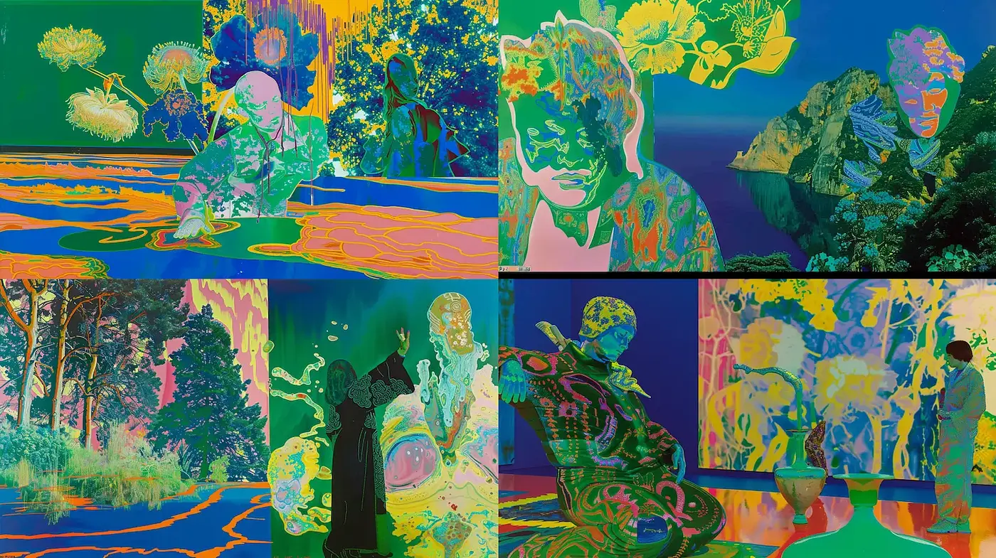 Vibrant Surrealism with a Retro-Futuristic Touch and Expressions of Nature - Midjourney sref style