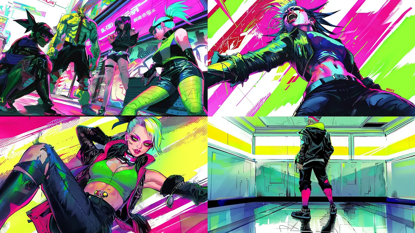 Neon Cyberpunk Energy: A Fusion of Vibrant Hues and Dynamic Poses - Midjourney sref style