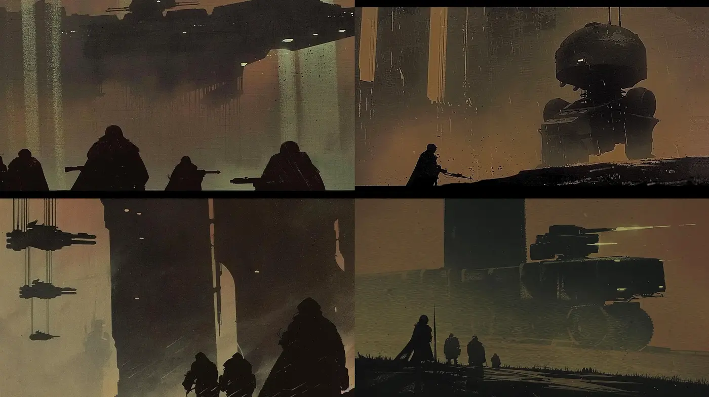 Dystopian Hues: Textured Silhouettes Against a Dark Sci-Fi World - Midjourney sref style