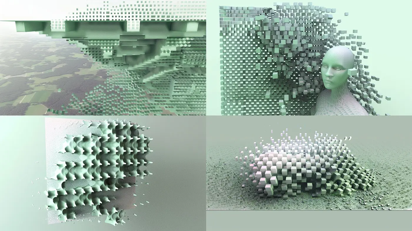 Monochromatic Mosaic of Pixelation and Surrealism - Midjourney sref style