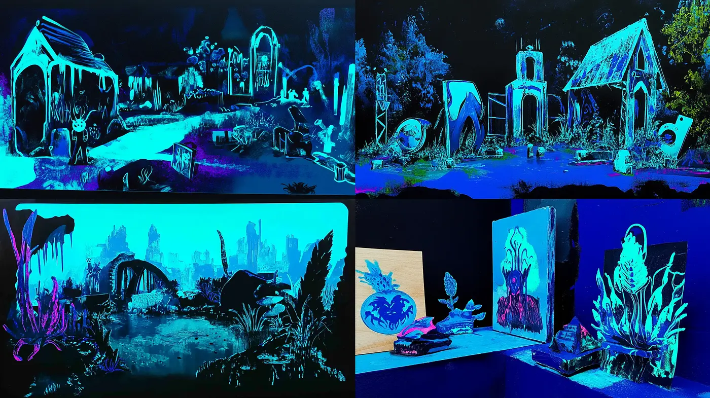 Nocturnal Dreamscape with Luminous Indigo Hues and Surreal Contrast - Midjourney sref style