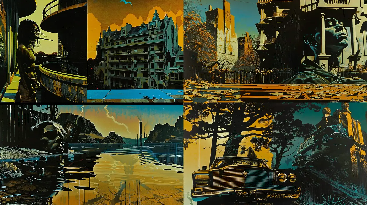 Noir-Inspired Retrofuturistic Visions in Emerald and Sepia Tones - Midjourney sref style