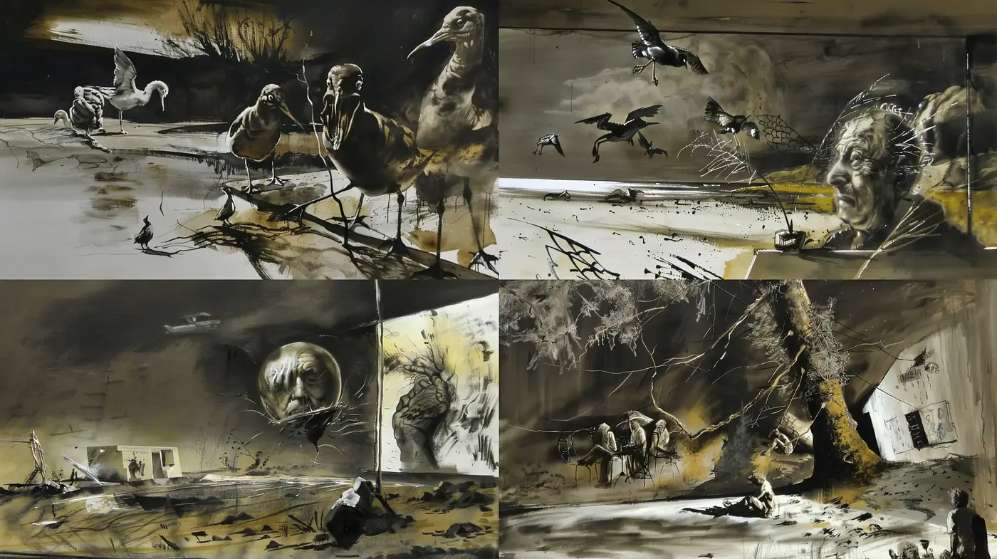 Evocative Monochrome Visions: A Fusion of Energetic Brushwork and Shadowy Tableaus - Midjourney sref style