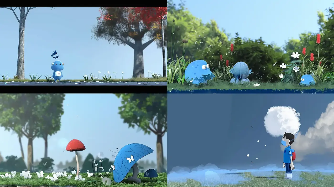 Playful and serene 3D landscapes with whimsical elements - Midjourney sref style