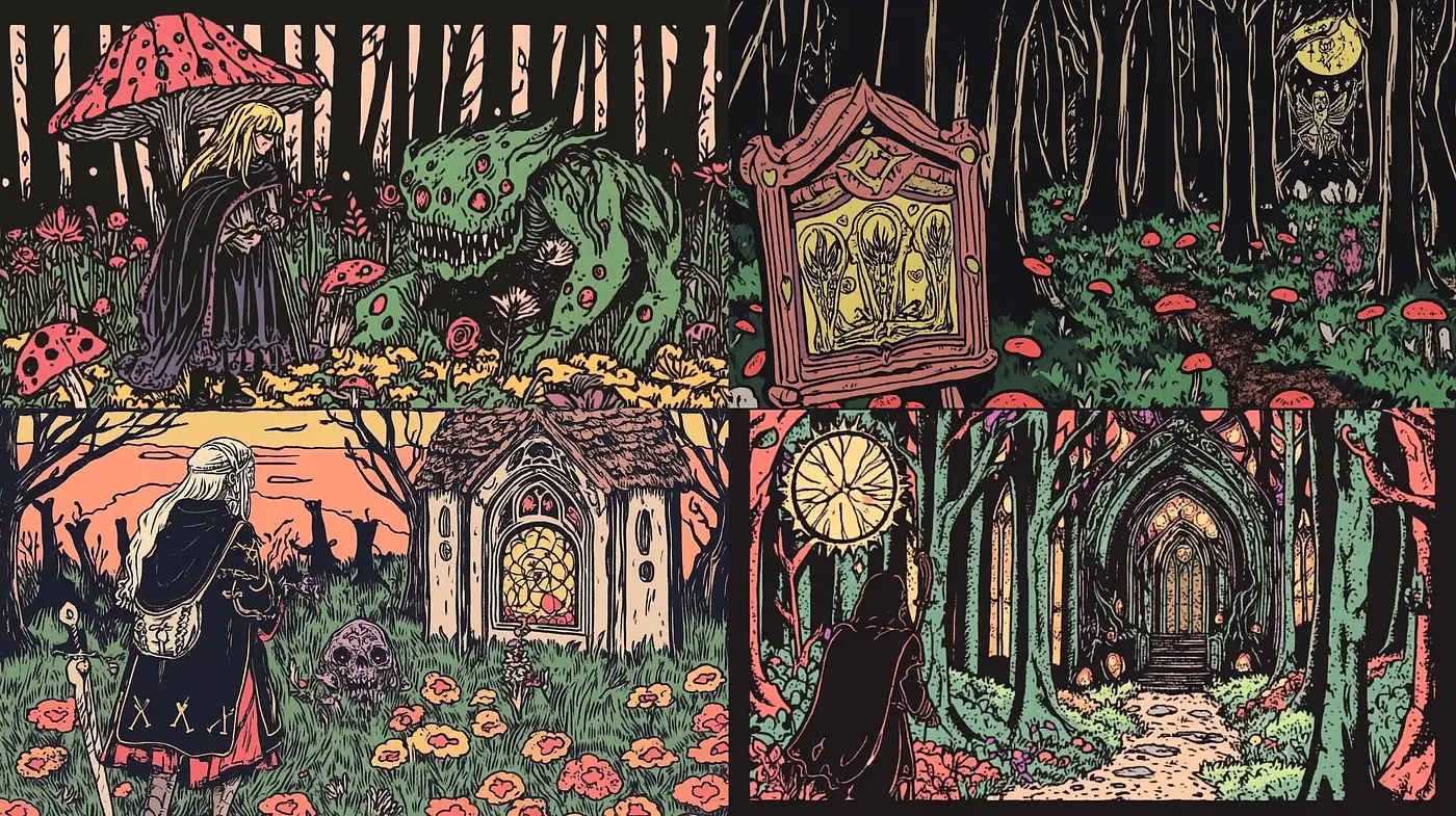Whimsical Enchanted Forest Illustrations in Cross-Hatched Style - Midjourney sref style