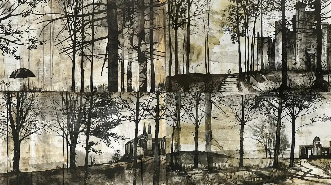 Ethereal Sepia-Washed Landscapes in Ink Wash Technique - Midjourney sref style