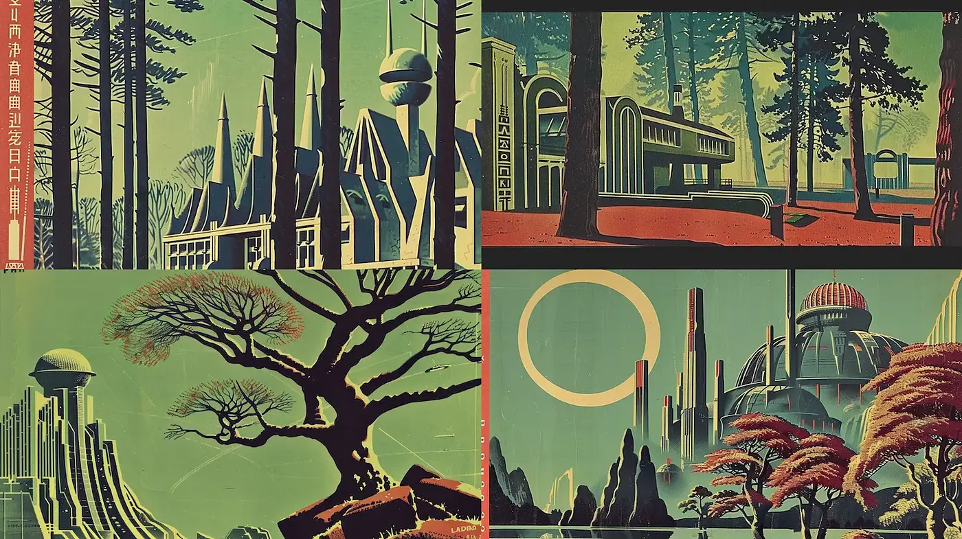 Futuristic Retro Landscape Illustrations with a Unified Aesthetic - Midjourney sref style