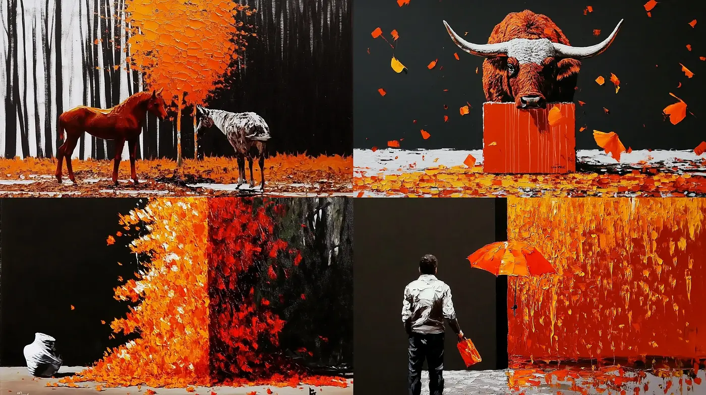 Autumnal Contrast: A Vivid Interplay of Fall Hues and Bold Black - Midjourney sref style