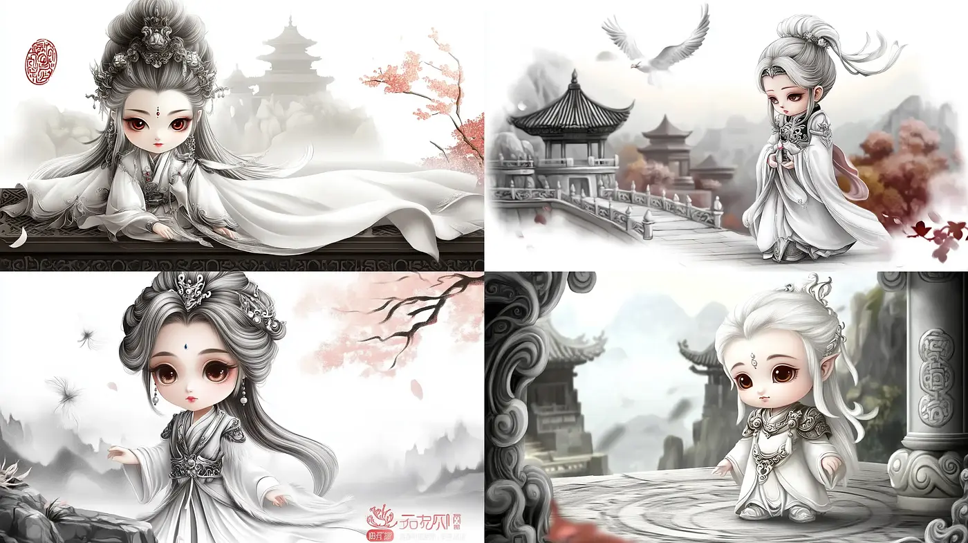 Monochromatic Eastern Elegance with a Touch of Red - Midjourney sref style
