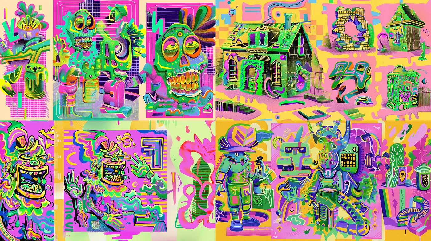 Psychedelic Pop Surrealism in Vivid Neons and Complex Patterns - Midjourney sref style