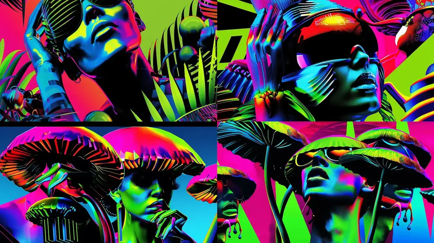 Saturated Neon Dreamscape: A Fusion of Psychedelic and Cyberpunk Aesthetics - Midjourney sref style