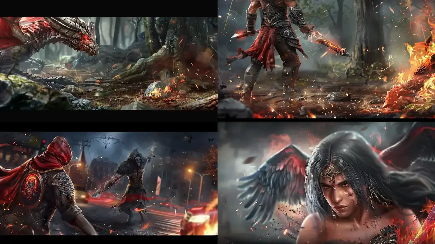 Dynamic Fantasy Illustrations with Rich Textures and Vibrant Action - Midjourney sref style