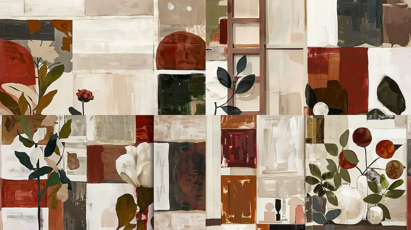 Contemporary Abstract Floral Collage with a Warm Palette - Midjourney sref style