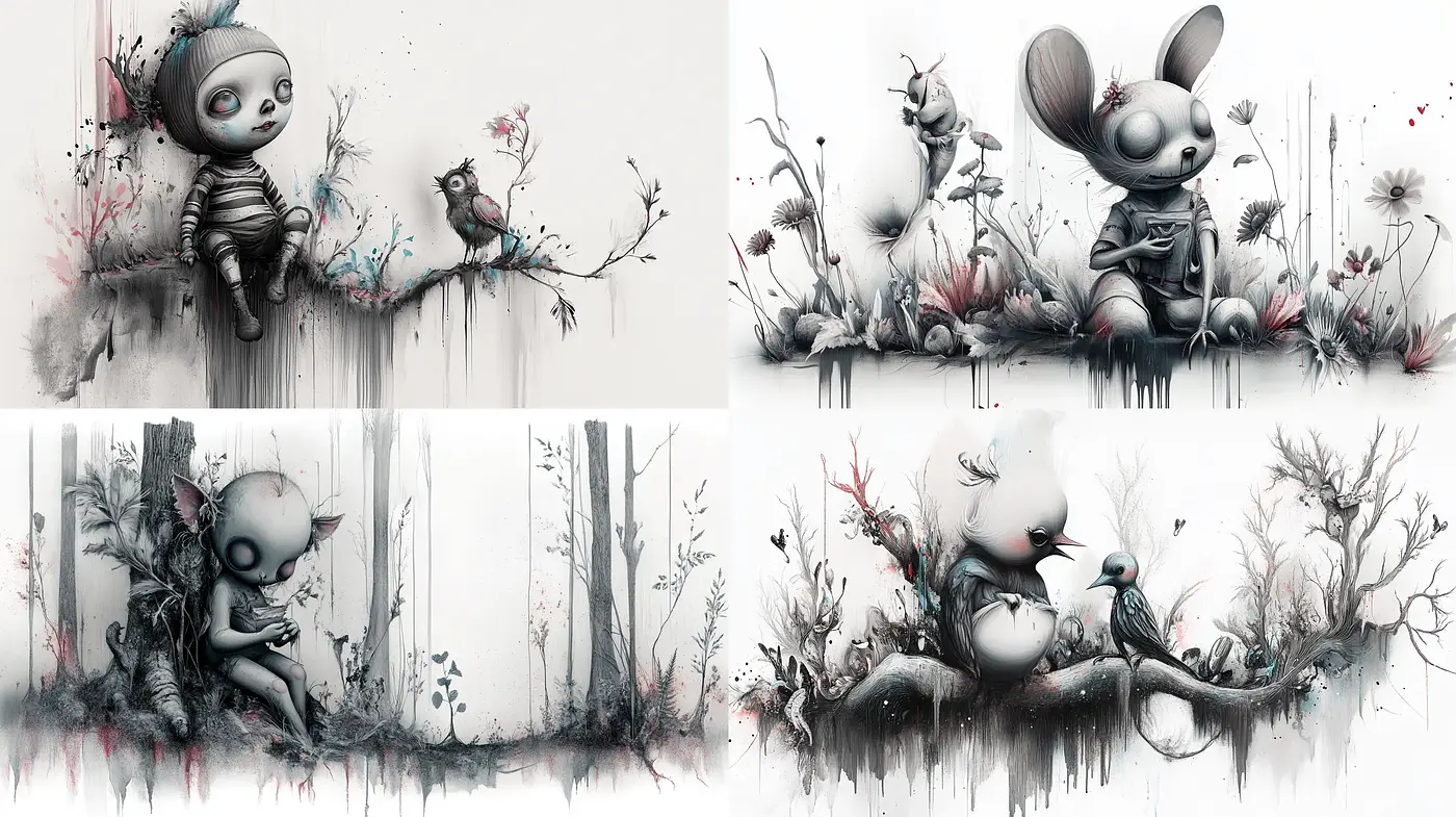 Whimsical Monochrome Dreamscapes with Surrealist Tendencies - Midjourney sref style