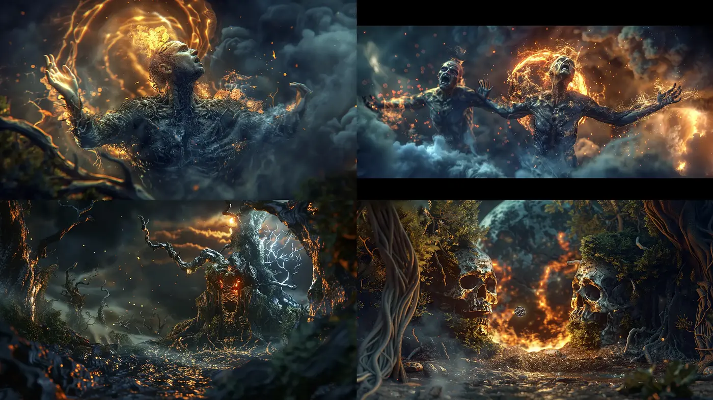 Ethereal Nocturnal Symphony: A Dance of Fire and Nature - Midjourney sref style