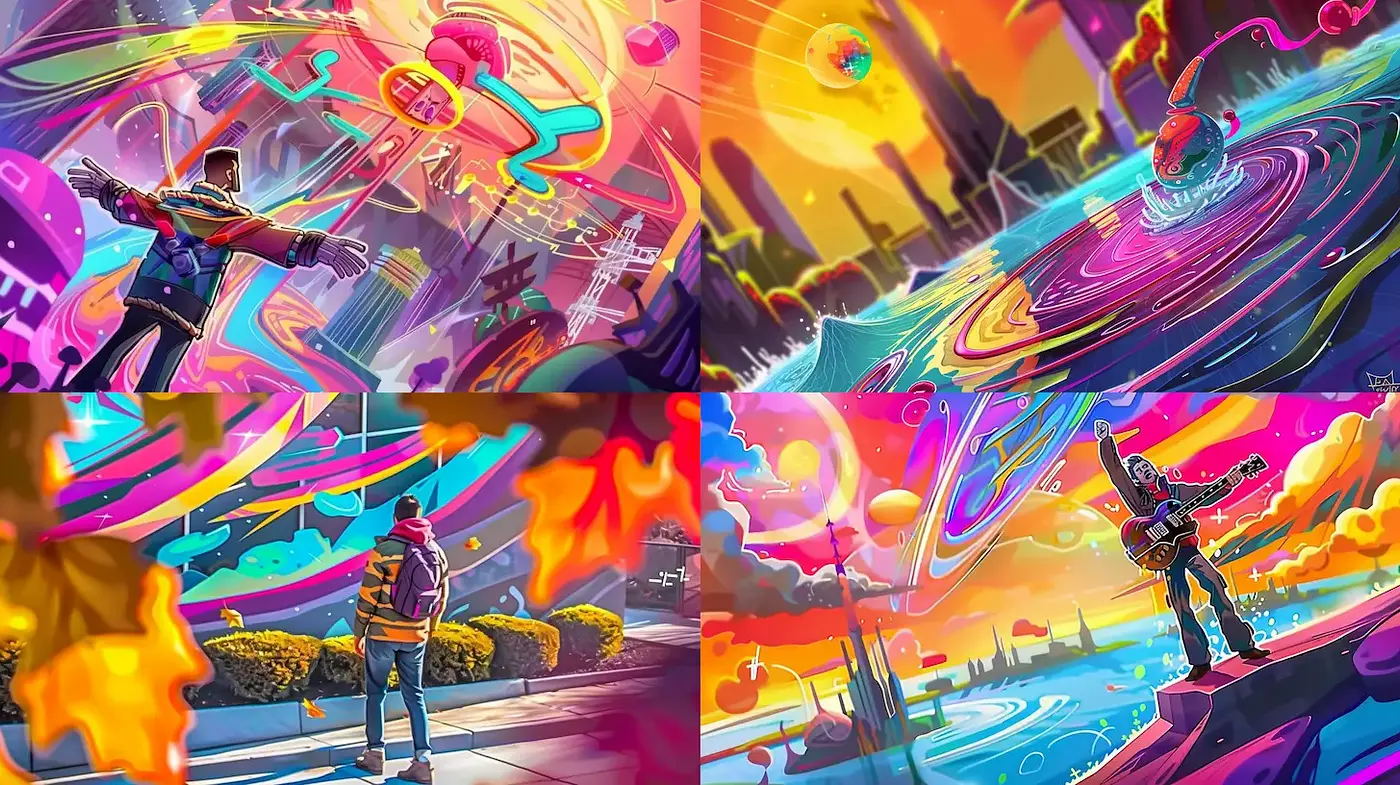 Vibrant and surreal exploration of cosmic landscapes with playful elements - Midjourney sref style