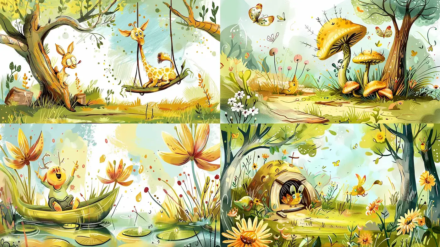 Whimsical and Playful Nature Scenes with a Cartoonish Flair - Midjourney sref style