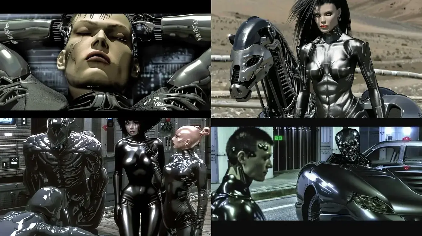 Futuristic and Sleek Cybernetic Aesthetic with a Dark, Metallic Tone - Midjourney sref style
