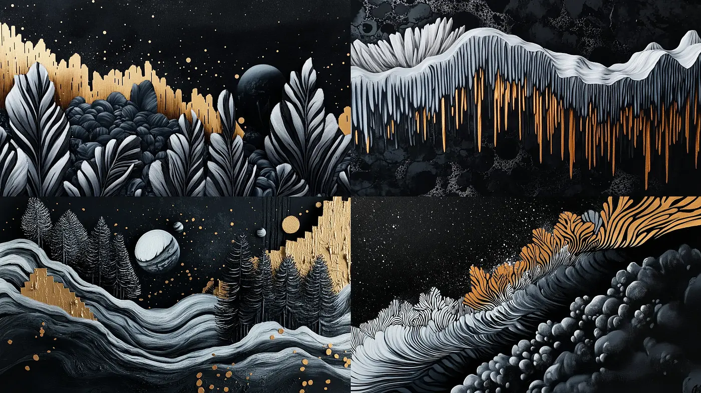 Monochrome Landscapes with Golden Accents and a Surrealist Twist - Midjourney sref style