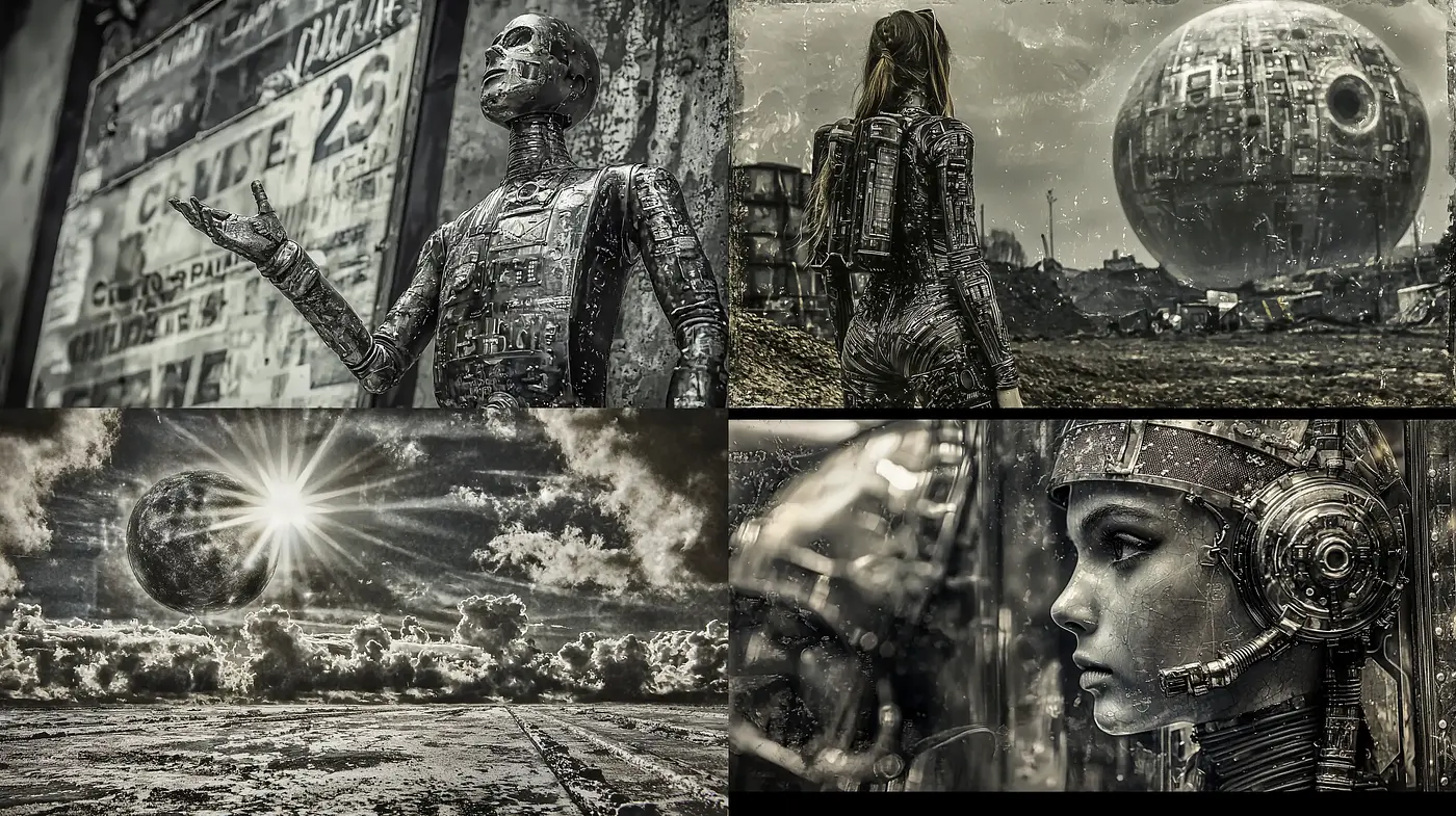 Dystopian Mechanica: An Evocative Fusion of Cybernetic Imagery and Post-Apocalyptic Aesthetics - Midjourney sref style